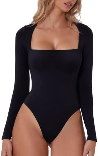 Black Bodysuit Sexy Square Neck Long Sleeve