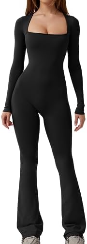 Long Sleeve Jumpsuits Square Neck Wide Leg Full