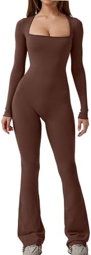 Square Neck Long Sleeve Jumpsuit Casual Wide Leg